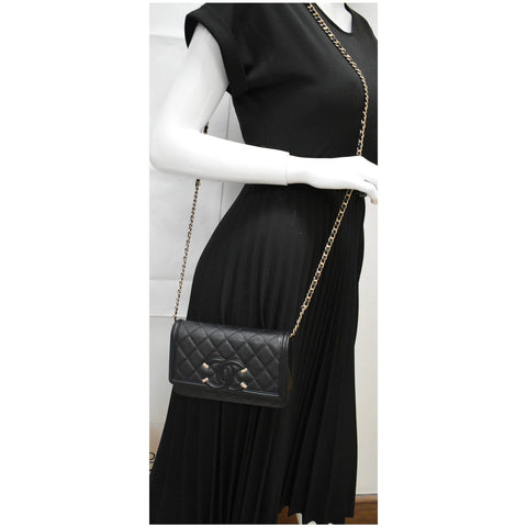 CHANEL CC Filigree Small Flap Caviar Leather Crossbody Bag Black