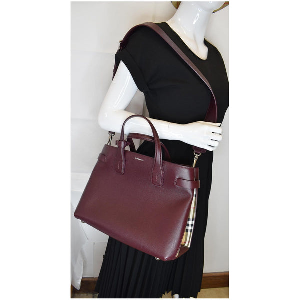 BURBERRY Medium Banner Derby Leather Tote Shoulder Bag Red