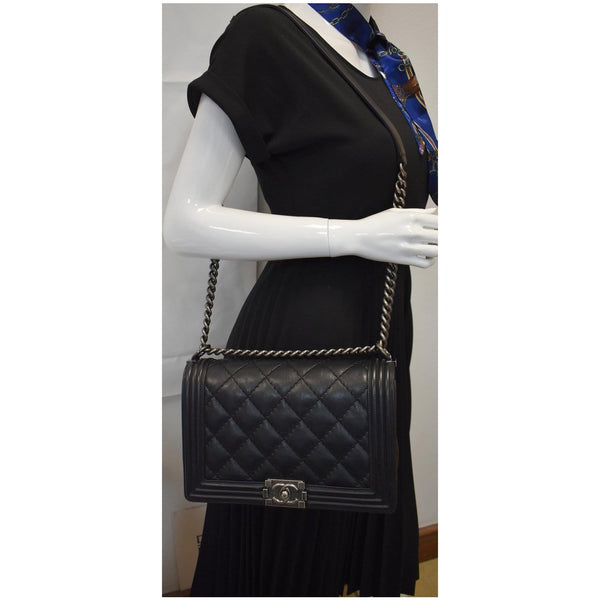 CHANEL Double Stitch Boy Flap Medium Calfskin Shoulder Bag Black