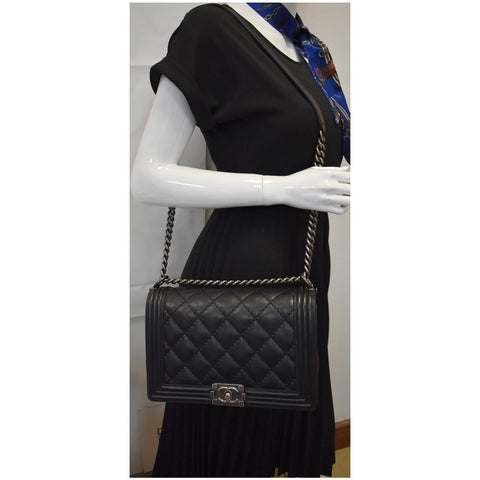 CHANEL Double Stitch Boy Flap Medium Calfskin Shoulder Bag Black