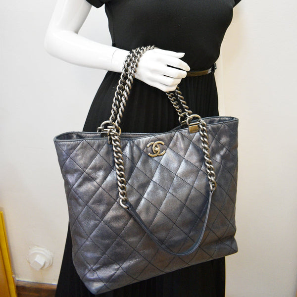 CHANEL Shopping In Chains Calfskin Quilted Large Tote Bag Black