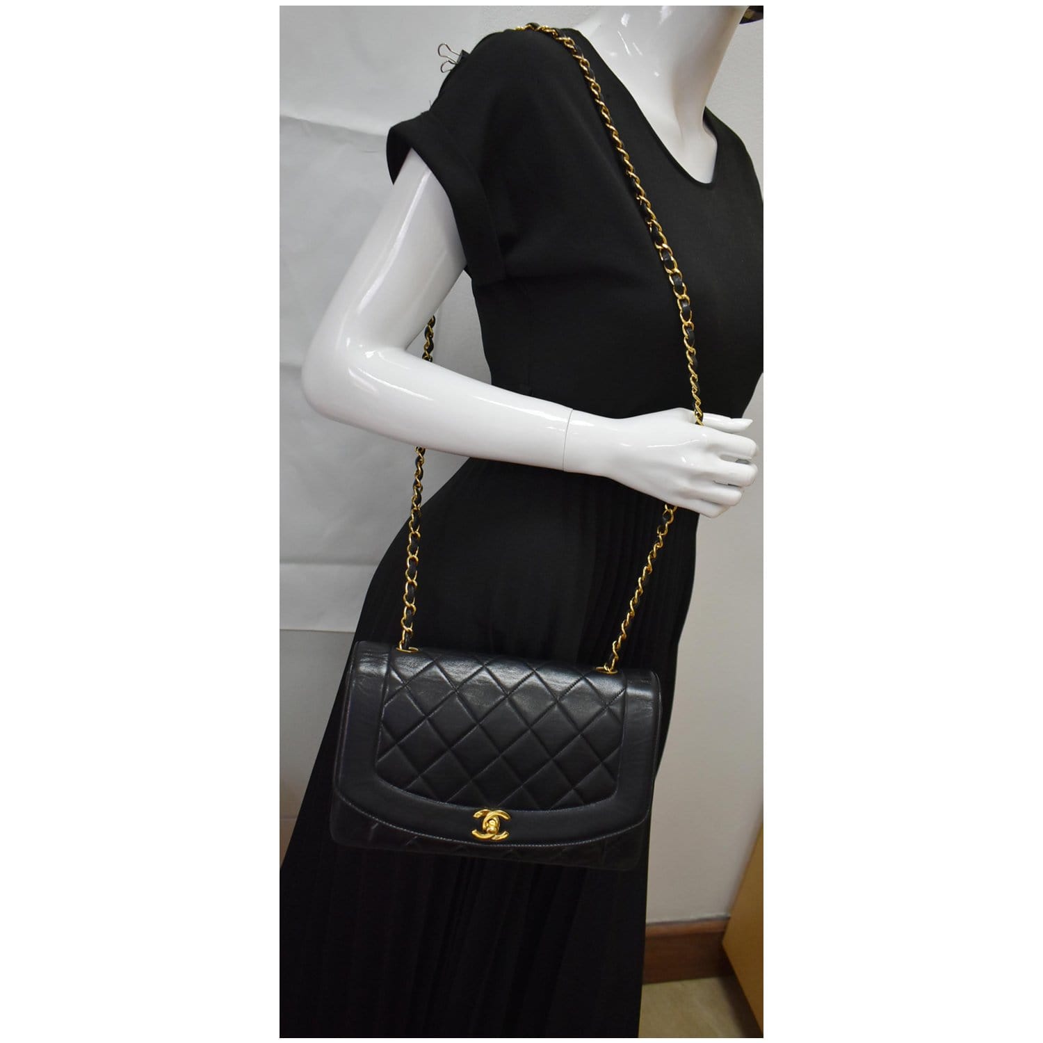 CHANEL Diana Flap Bag Quilted Lambskin Shoulder Bag Black Vintage-US