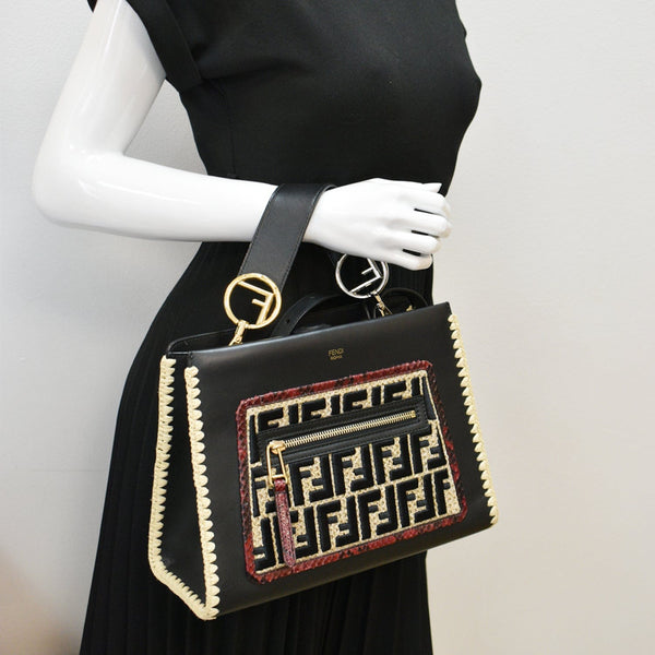 FENDI Raffia Embroidered Python Leather Shoulder Bag Black