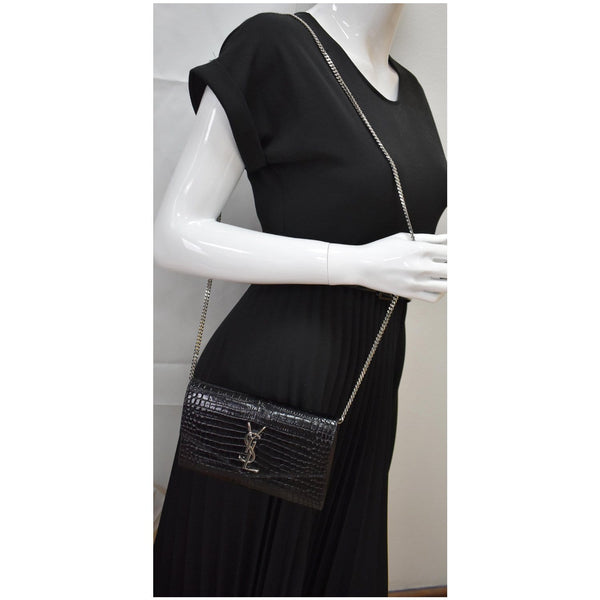 YVES SAINT LAURENT Uptown Crocodile-Embossed Crossbody Chain Wallet Black
