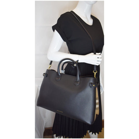 BURBERRY Large Banner House Check Leather  Tote Shoulder Bag Black