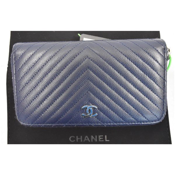 CHANEL Large Gusset Caviar Chevron Quilted Zip Around Wallet Bright Blue