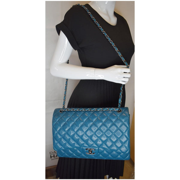 CHANEL Maxi Double Flap Calfskin Leather Shoulder Bag Turquoise