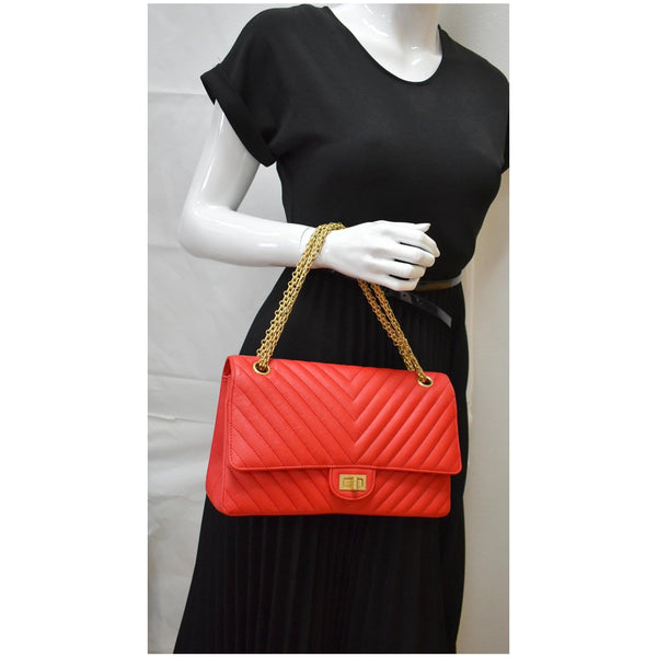 CHANEL 2.55 Reissue Double Flap Chevron Leather Shoulder Bag Red