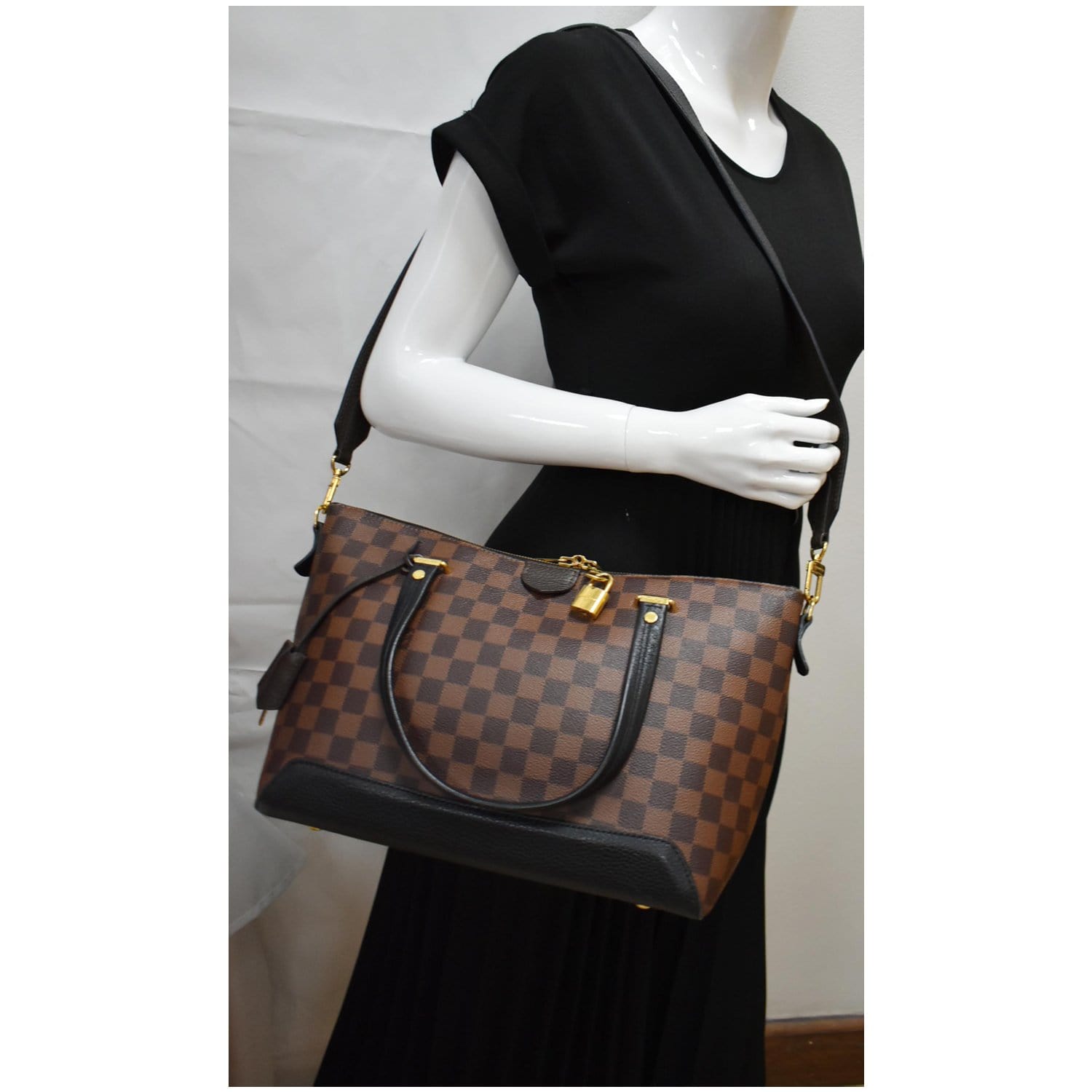 Louis Vuitton Brown Damier Ebene Coated Canvas and Black Cowhide Odéon mm Gold Hardware, 2021 (Like New), Womens Handbag