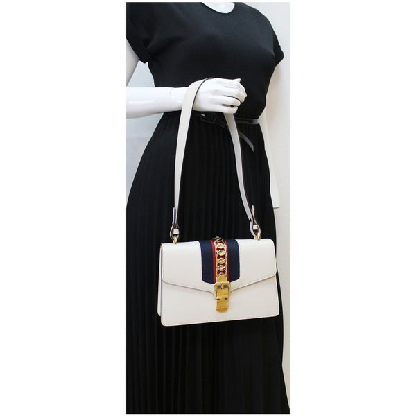 GUCCI Sylvie Small Calfskin Top Handle Bag White 421828
