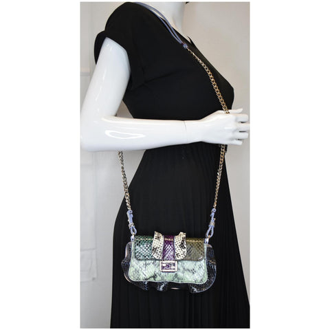 FENDI Baguette MicroWave Python Leather Chain Crossbody Bag Multi