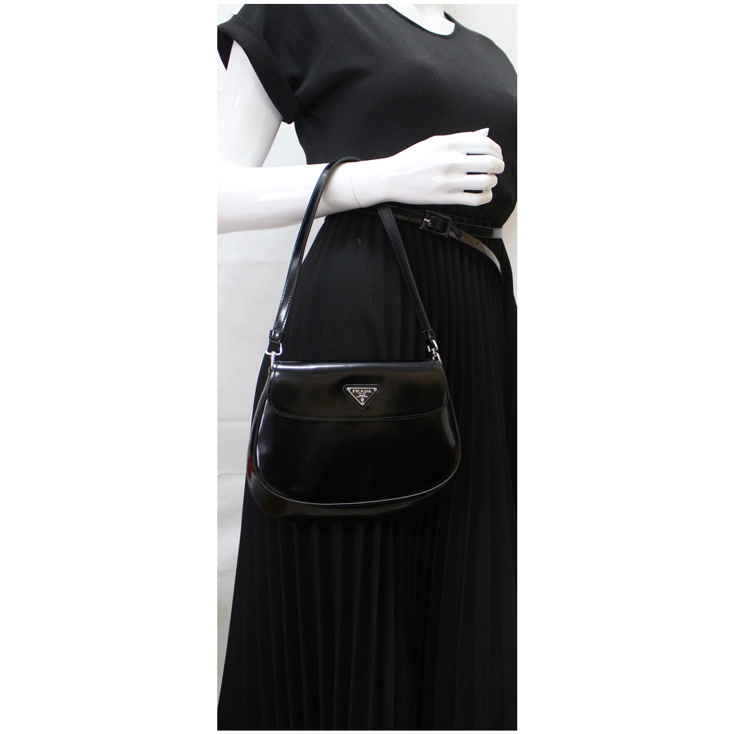 PRADA Cleo Brushed Leather Shoulder Bag Black