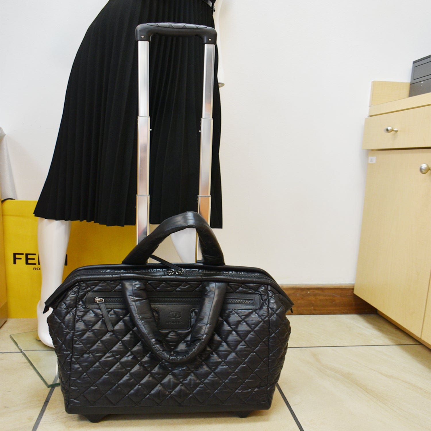 Chanel Coco Cocoon Quilted Nylon Trolley Rolling Bag Black