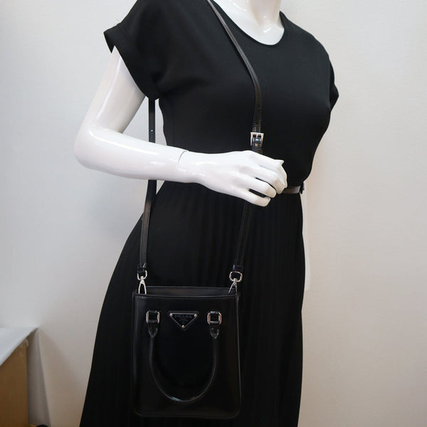 Prada Small Brushed Leather Tote Shoulder Bag Black - DDH