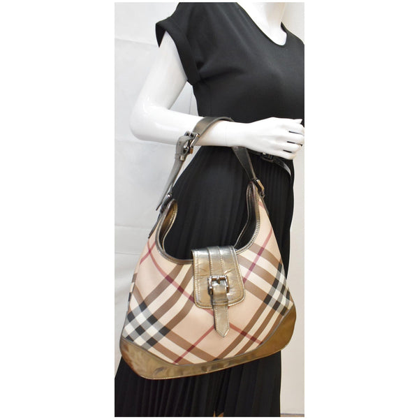 BURBERRY Brooke Check Canvas Hobo Bag Beige