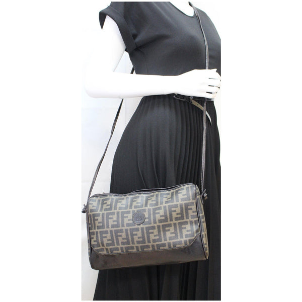 FENDI Roma Coated Canvas Leather Crossbody Bag Brown