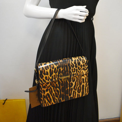BURBERRY Grace Large Leopard Print Leather Shoulder Bag Multicolor