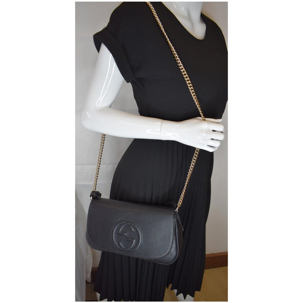 GUCCI Soho Chain Flap Leather Shoulder Bag Black 536224