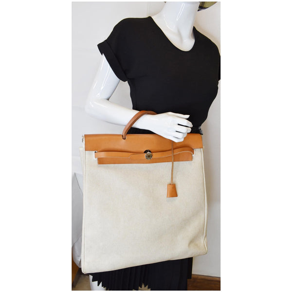 HERMES Herbag Canvas Leather Backpack Bag Beige