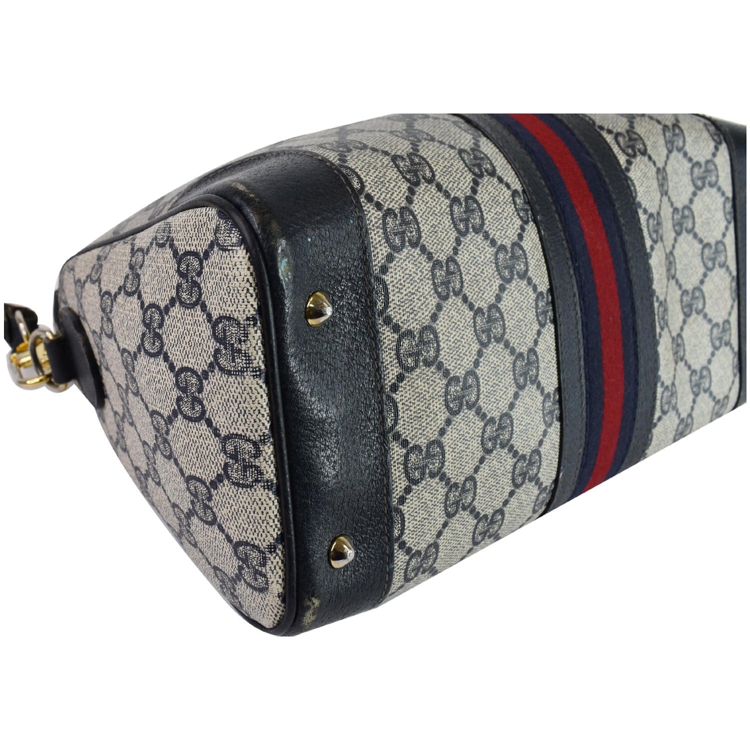 Vintage Gucci Monogram Boston Speedy Handbag Navy Blue Red