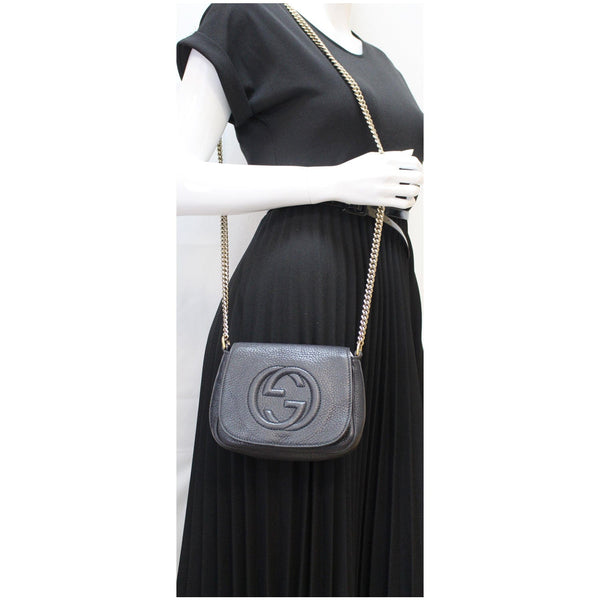 GUCCI GG Soho Pebbled Leather Chain Shoulder Bag Black 323190