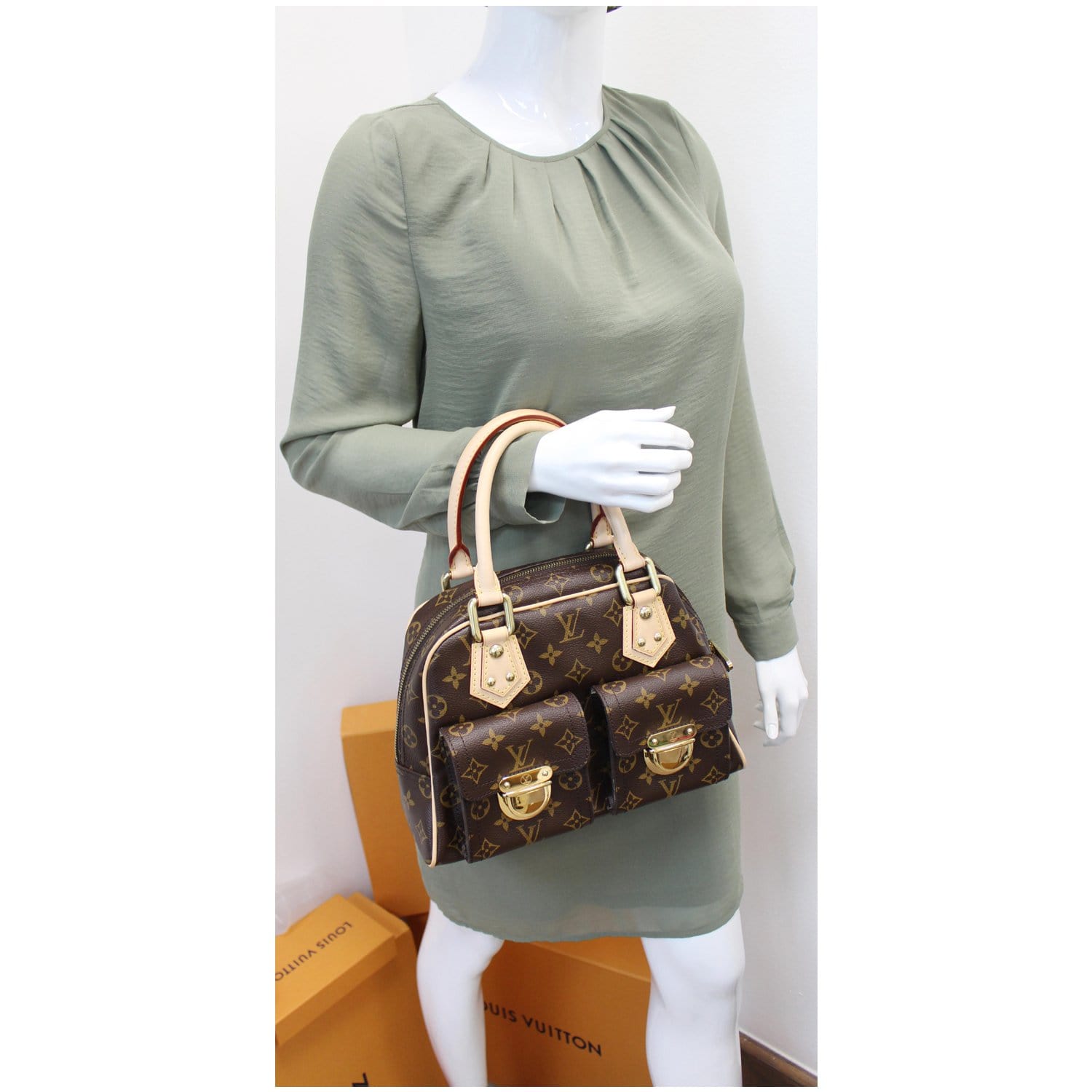 LOUIS VUITTON Manhattan PM Monogram Canvas Satchel Bag Brown