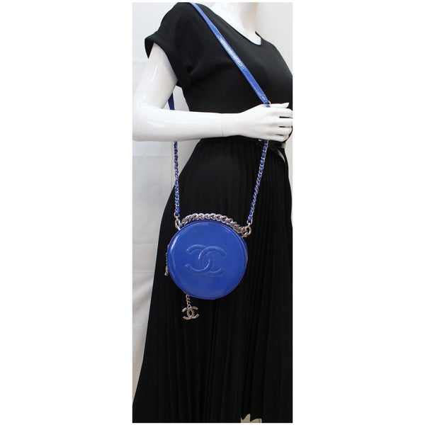CHANEL Round as Earth Patent Leather Crossbody Bag Blue