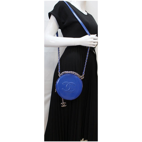 CHANEL Round as Earth Patent Leather Crossbody Bag Blue