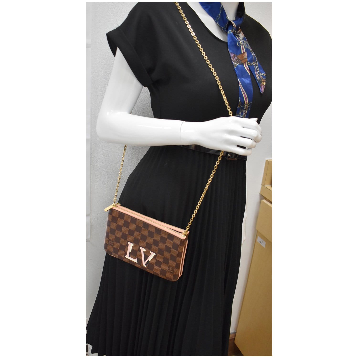 LOUIS VUITTON Double Zip Pochette Damier Ebene Crossbody Bag Brown