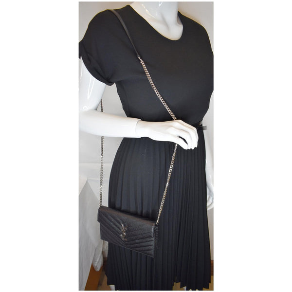 YVES SAINT LAURENT Envelope Monogram Leather Crossbody Chain Wallet Black