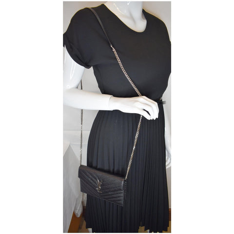 YVES SAINT LAURENT Envelope Monogram Leather Crossbody Chain Wallet Black