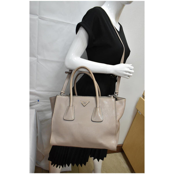 PRADA City Twin Pocket Calf Leather Tote Shoulder Bag Taupe