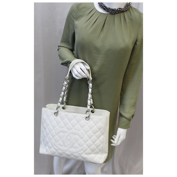 CHANEL Grand Shopping Quilted Caviar Leather Tote Bag White-US
