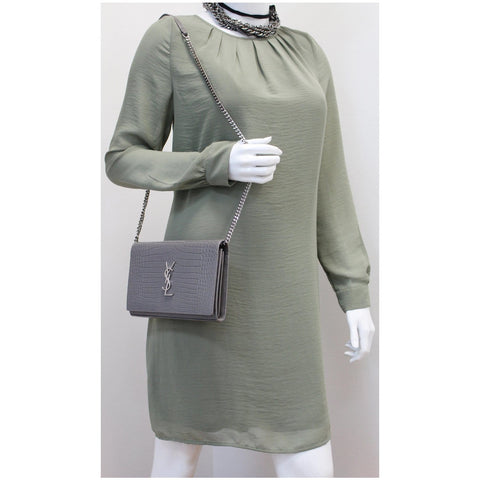 YVES SAINT LAURENT Kate Small Crocodile Leather Crossbody Bag Grey - Last Call