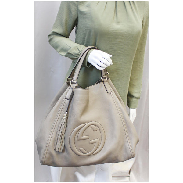 GUCCI Soho Leather Large Tote Shoulder Bag Taupe