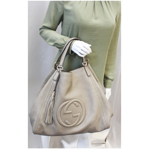 GUCCI Soho Leather Large Tote Shoulder Bag Taupe