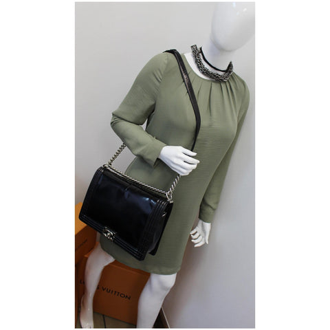 CHANEL Large Boy Glazed Calfskin Leather Shoulder Bag Black