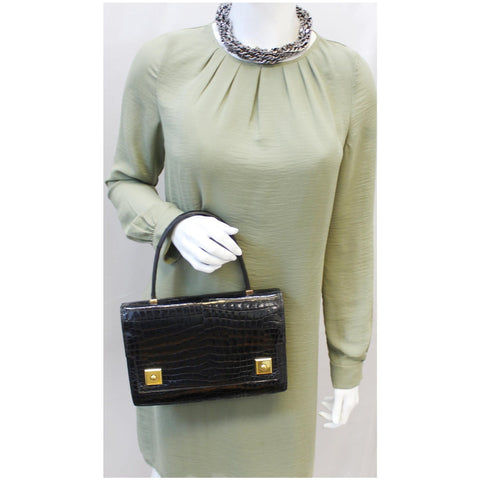 HERMES Piano 25Cm Crocodile Leather Flap Bag Black-US