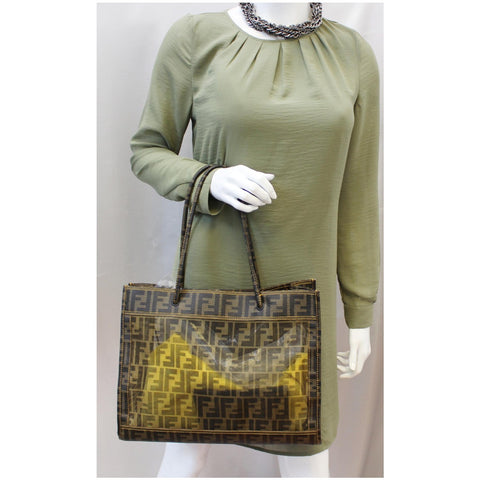FENDI Tobacco Zucca Print Mesh Fabric Tote Bag Brown