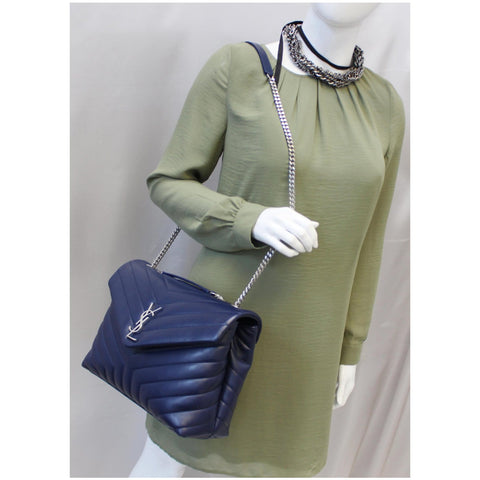 YVES SAINT LAURENT Matelasse Loulou Monogram Calfskin Shoulder Bag Blue