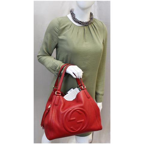 GUCCI Soho Top Handle Pebbled Leather Tote Bag Red