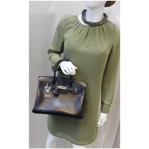 HERMES Birkin 30cm Smooth Calf Leather Silver Hardware Bag Navy Blue-US