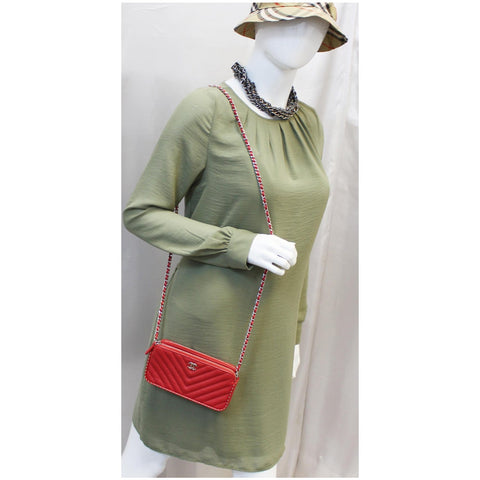 CHANEL Chevron Studded with Chain Lambskin Leather Shoulder Crossbody Bag Red-US