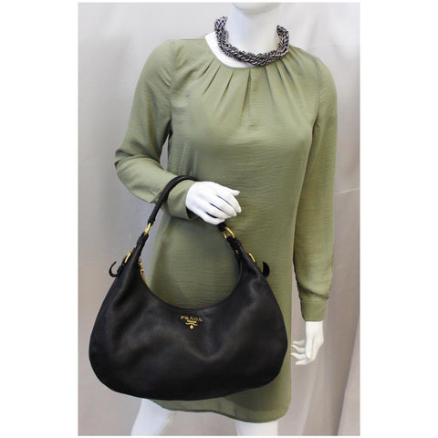 PRADA Vitello Daino Leather Hobo Bag Black