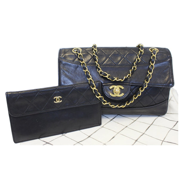 CHANEL Vintage Quilted Lambskin Leather Line Flap Bag Black-US