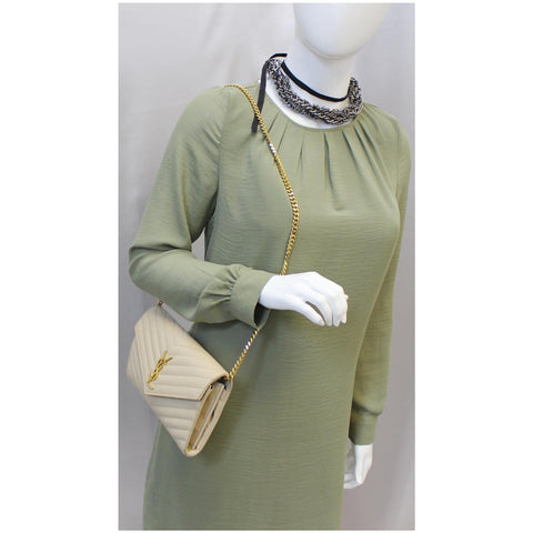 YVES SAINT LAURENT Matelasse Chevron Grain De Poudre Envelope Chain Wallet Beige