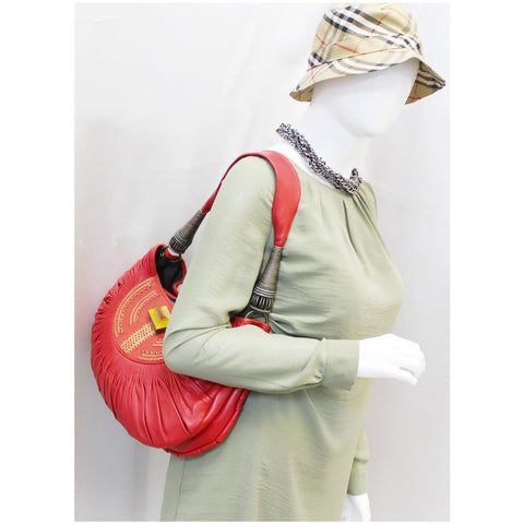 CHRISTIAN DIOR Plisse Pleated Leather Hobo Bag Red-US