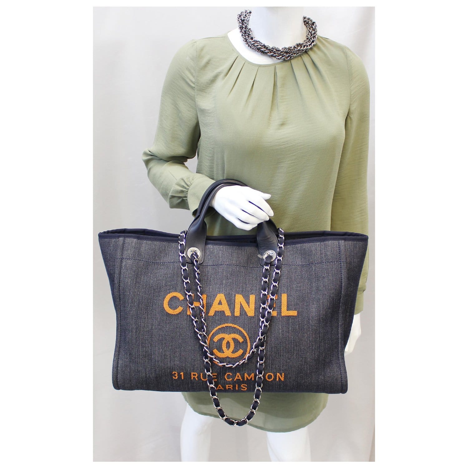 Chanel Small Deauville Shopping Bag Distressed Blue Denim Aged