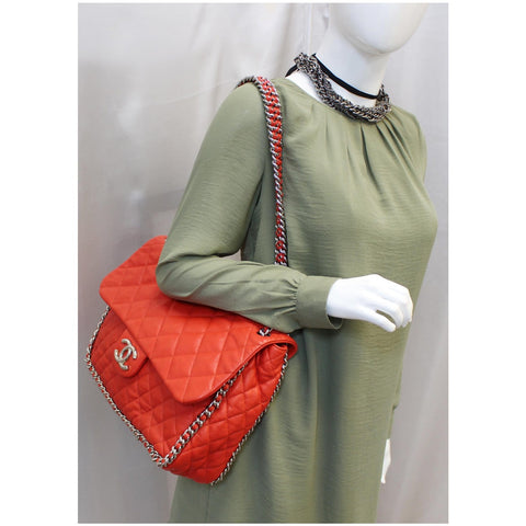 CHANEL Maxi Chain Around Quilted Leather Flap Shoulder Bag Red