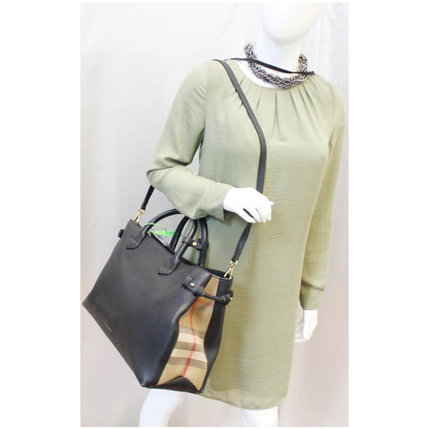 BURBERRY Large Banner Calf Leather House Check Tote Bag Black